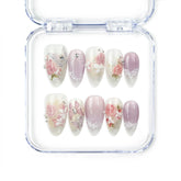 Lavender Floral Dream handmade press on nails by Naillover in lilac and white with roses, butterflies, pearls, and rhinestones — romantic Singapore press on nails.